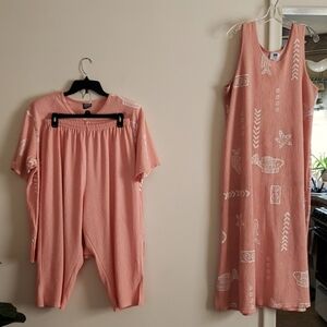 Vintage made USA rock fish print crinkle fabric pant suit/dress Coastal Grandma